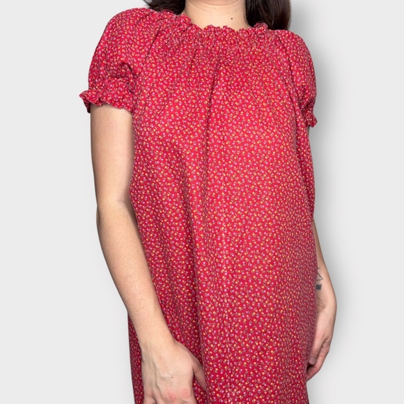 Vintage 1990s Home Sewn Red Cotton Mini Floral Relaxed Fit Midi Dress - Picture 3 of 5